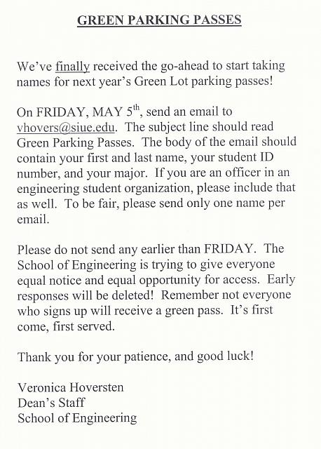 Green Parking Pass Announcement